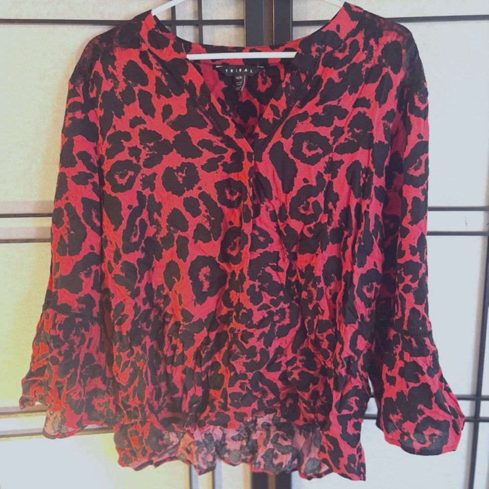 Soft Silk Brightly Colored Blouse or button-up shirt in red leopard print